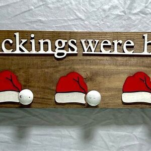 Rustic Wooden Holiday Stocking Holder Rack - 5 Hooks - Santa Hat Farmhouse Decor